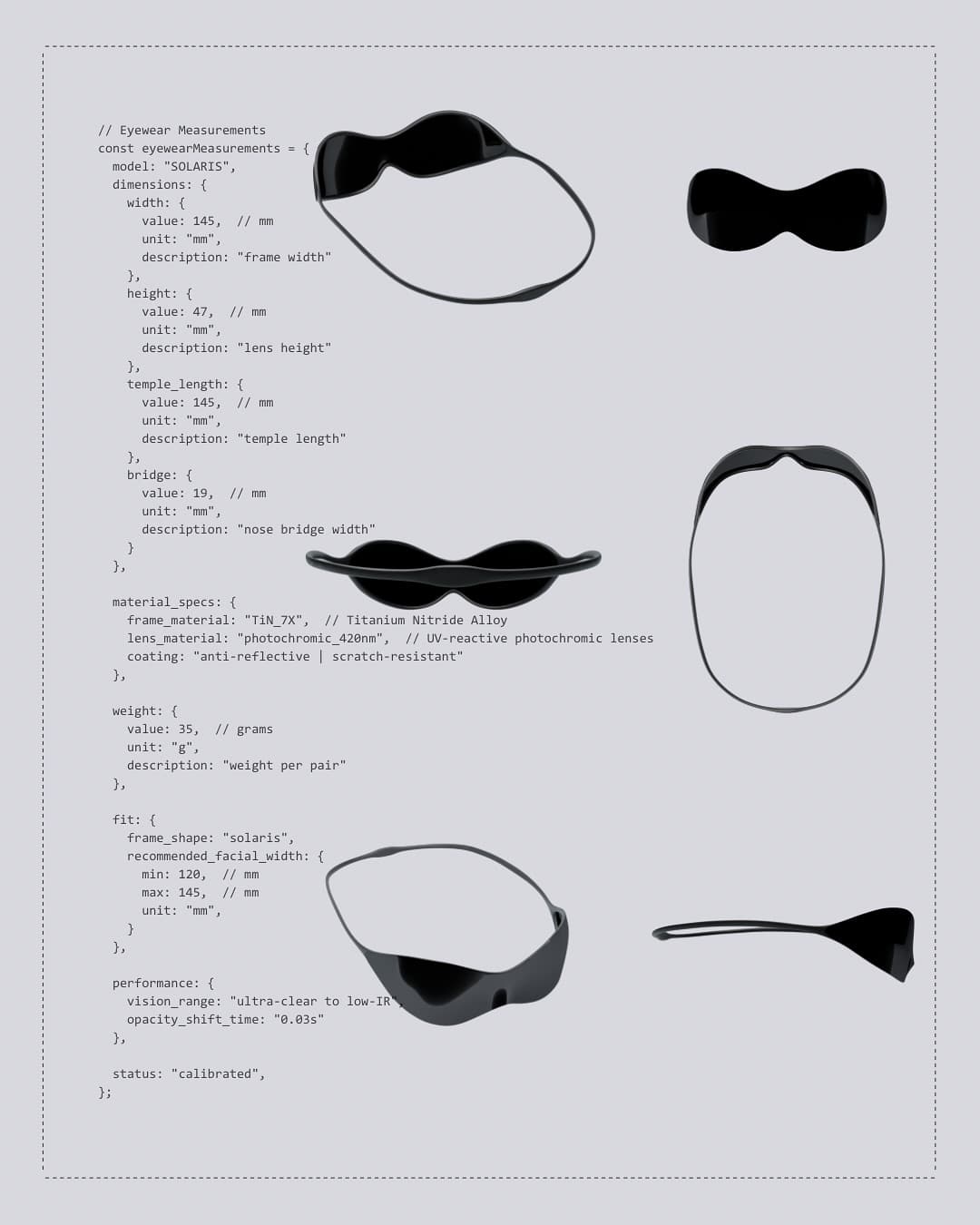 SOLARIS six-angle spec sheet with code-styled measurements