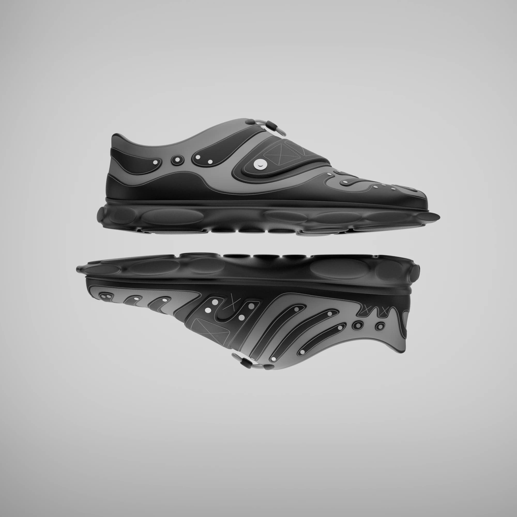 Two side views stacked: the shoe in profile above, and the same shoe seen from below-side, showing the black slab sole with its serrated stepped edge.