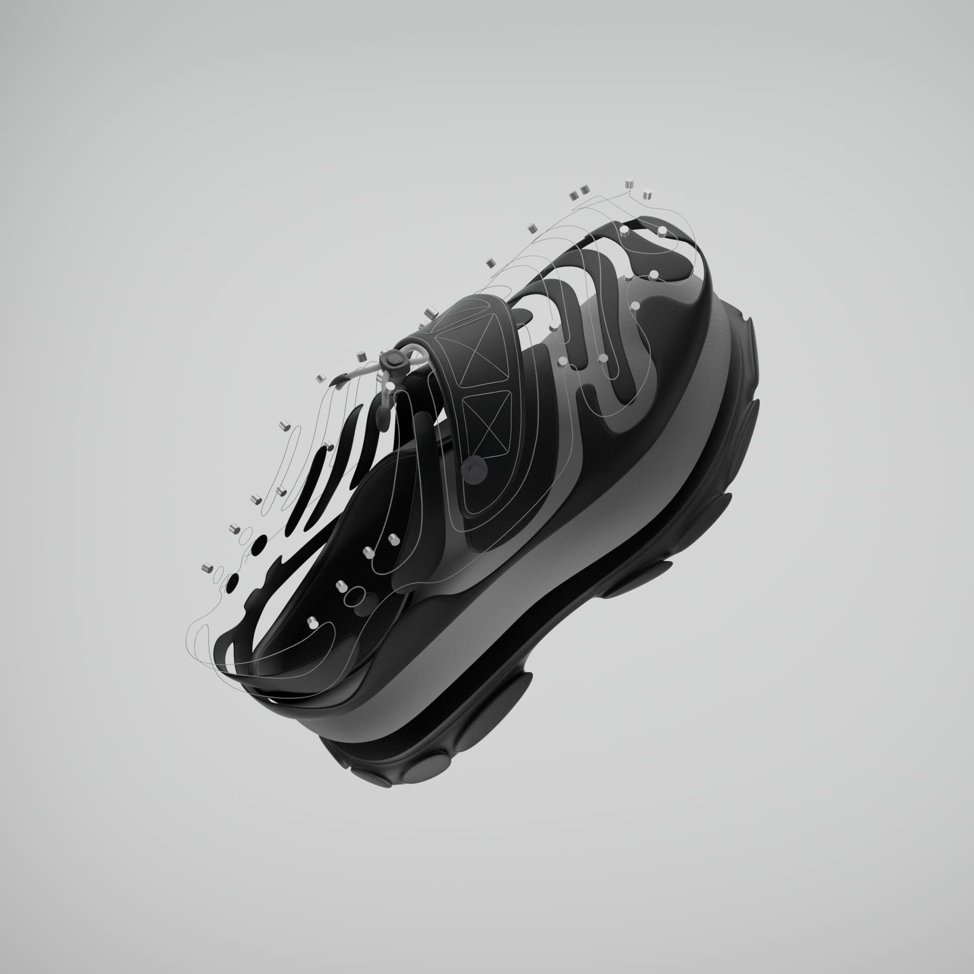 Exploded view of the shoe floating at an angle, with every patch, rivet and cord lifted off the base and connected by thin guide lines.
