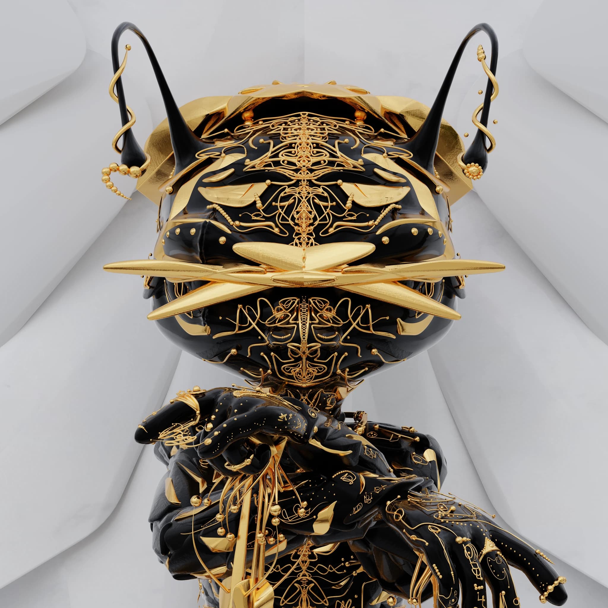 Close crop of the same figure's head and hands, black lacquer with mirrored gold filigree and long looping black whiskers
