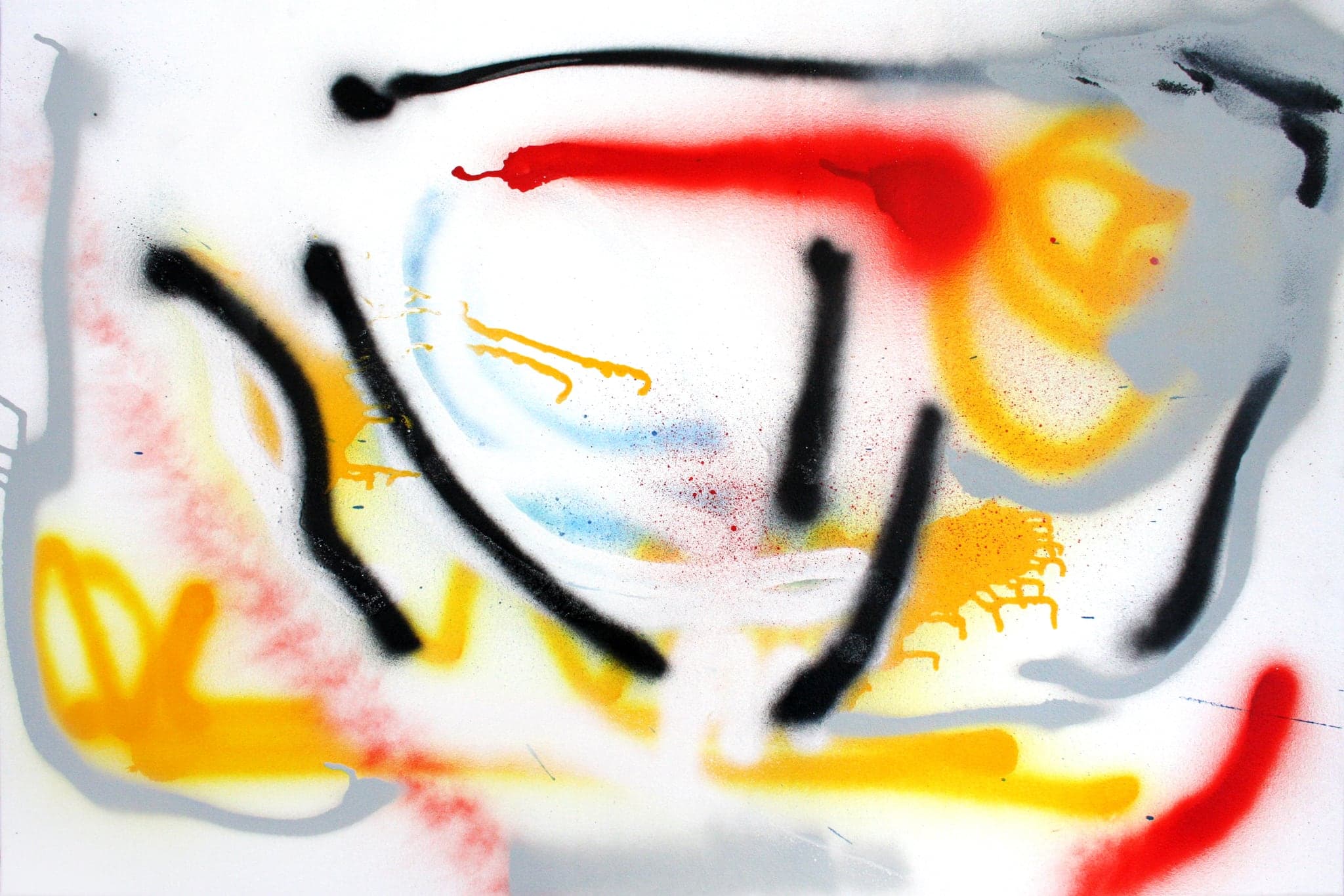 The same canvas filling the frame, a broad black stroke, a red curl and yellow spray across white.