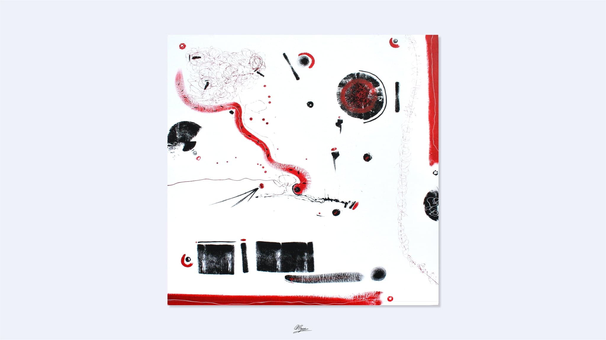 A large square white panel scattered with small red and black marks, scribbled loops, blocks and a red band along the bottom edge.