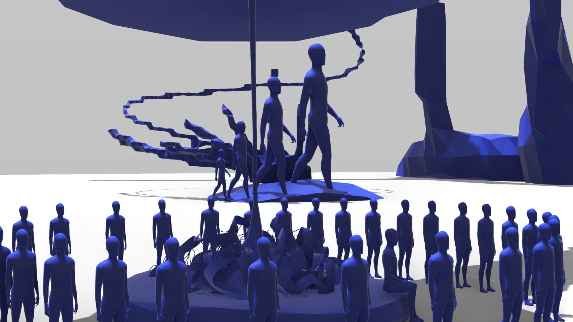 A crowd of blue figures standing on a white plain at the foot of a spiral stair, under huge overhanging forms