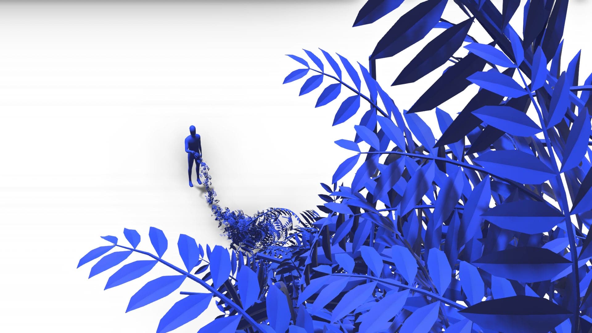 Giant blue ferns filling the frame with one small figure walking beneath them on a white ground