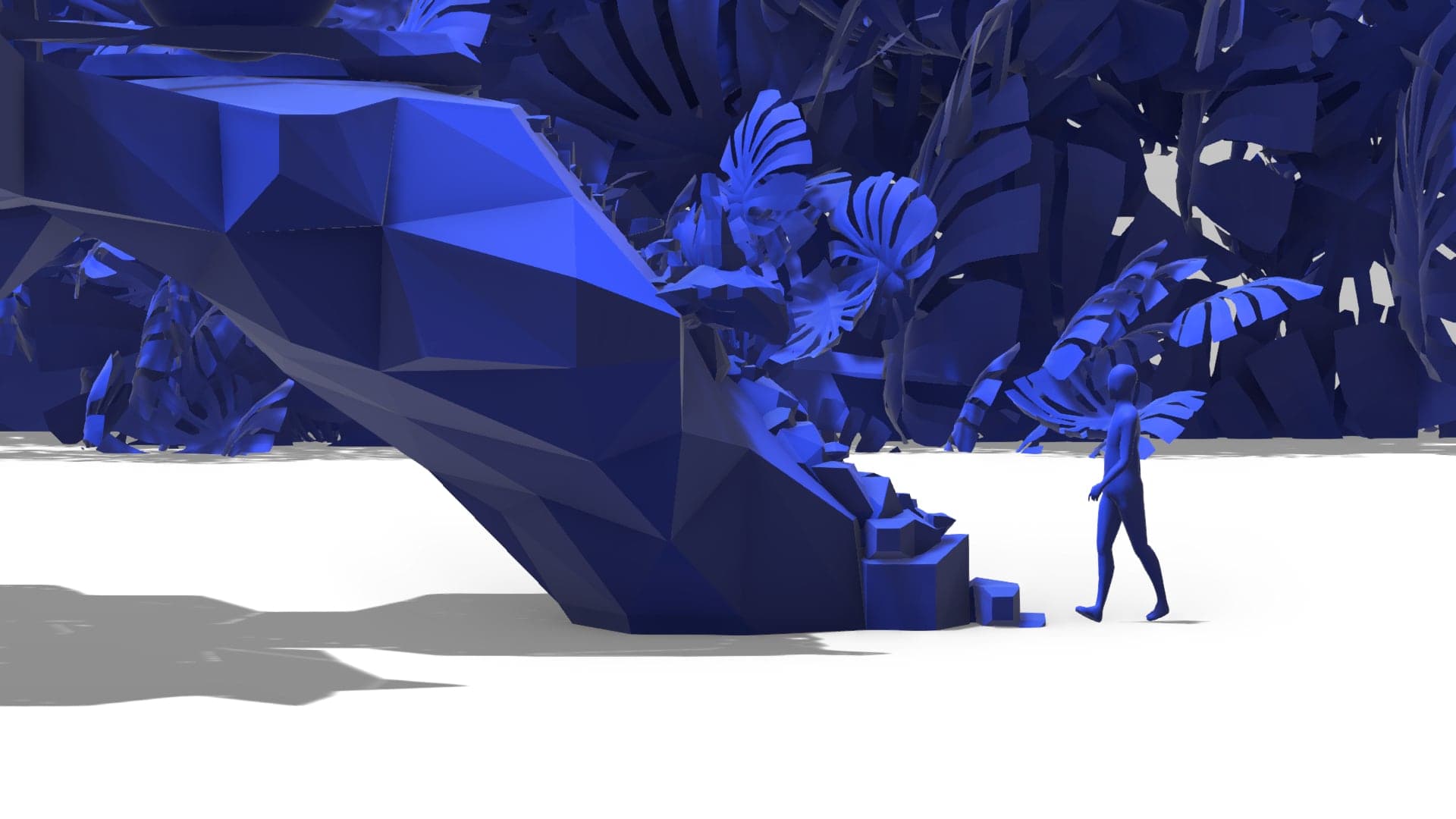 A faceted blue cliff arching over a white ground with a small figure walking past it