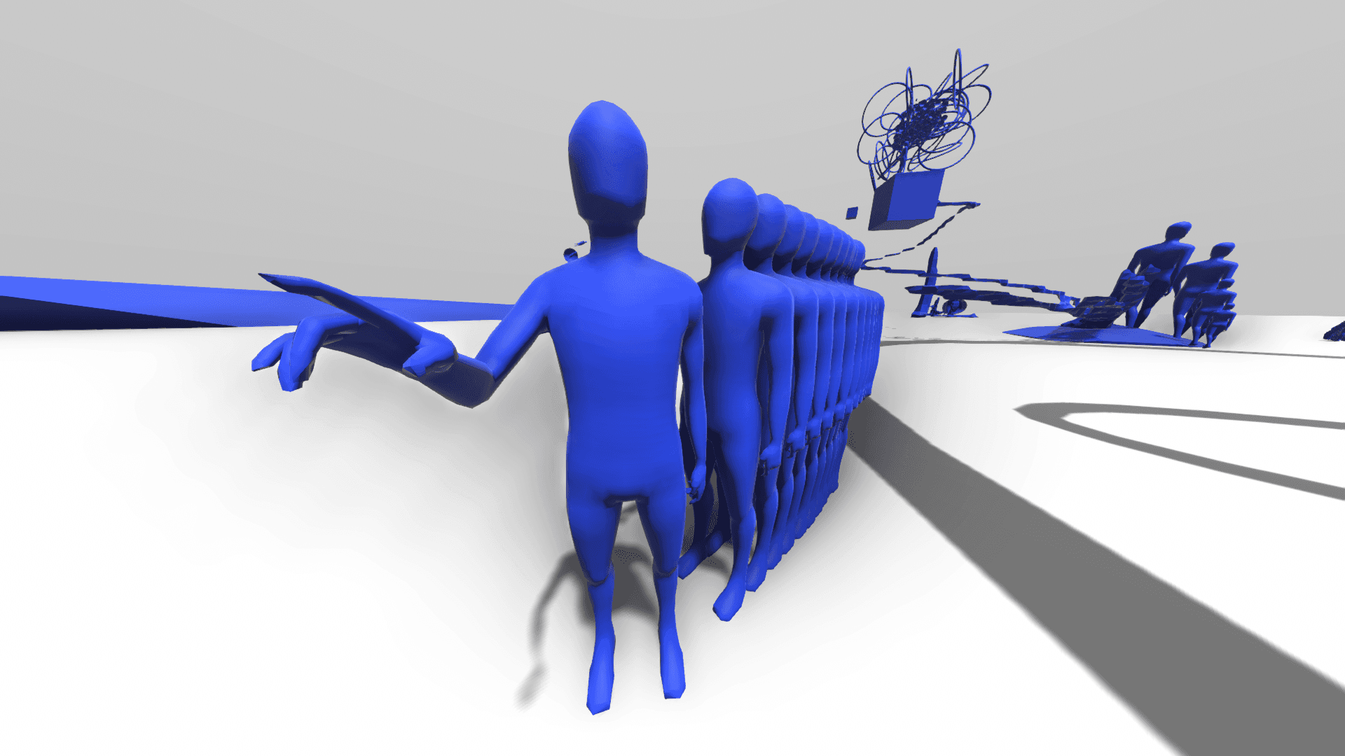 A blue figure standing on a white plain with an arm raised, pointing across a long low structure