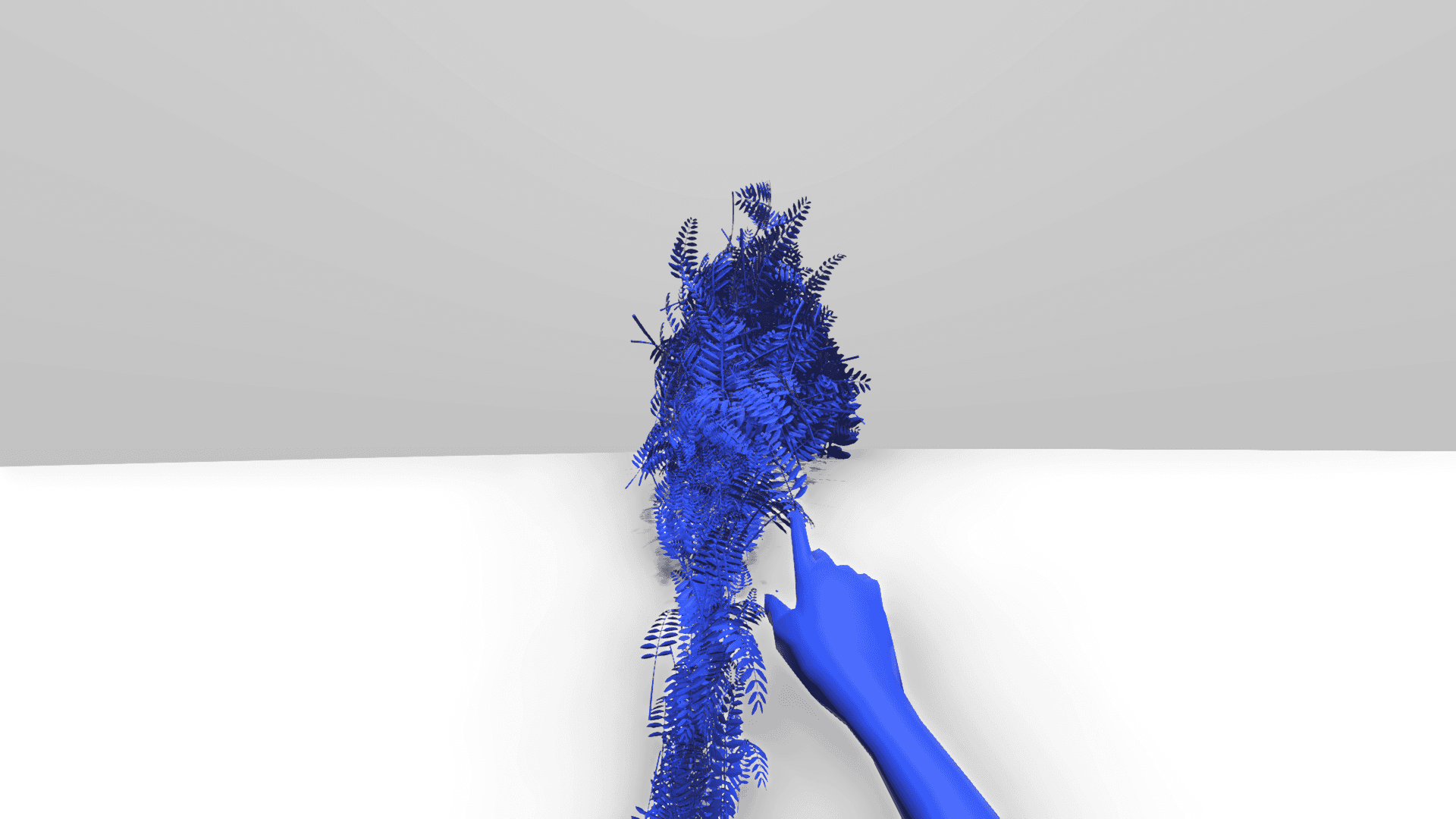 A blue arm reaching into a tall dense thicket of blue leaves on a white ground