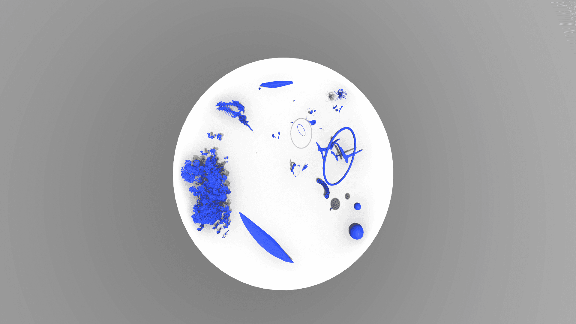 A white sphere floating on a grey ground with small blue objects and drawings held inside it