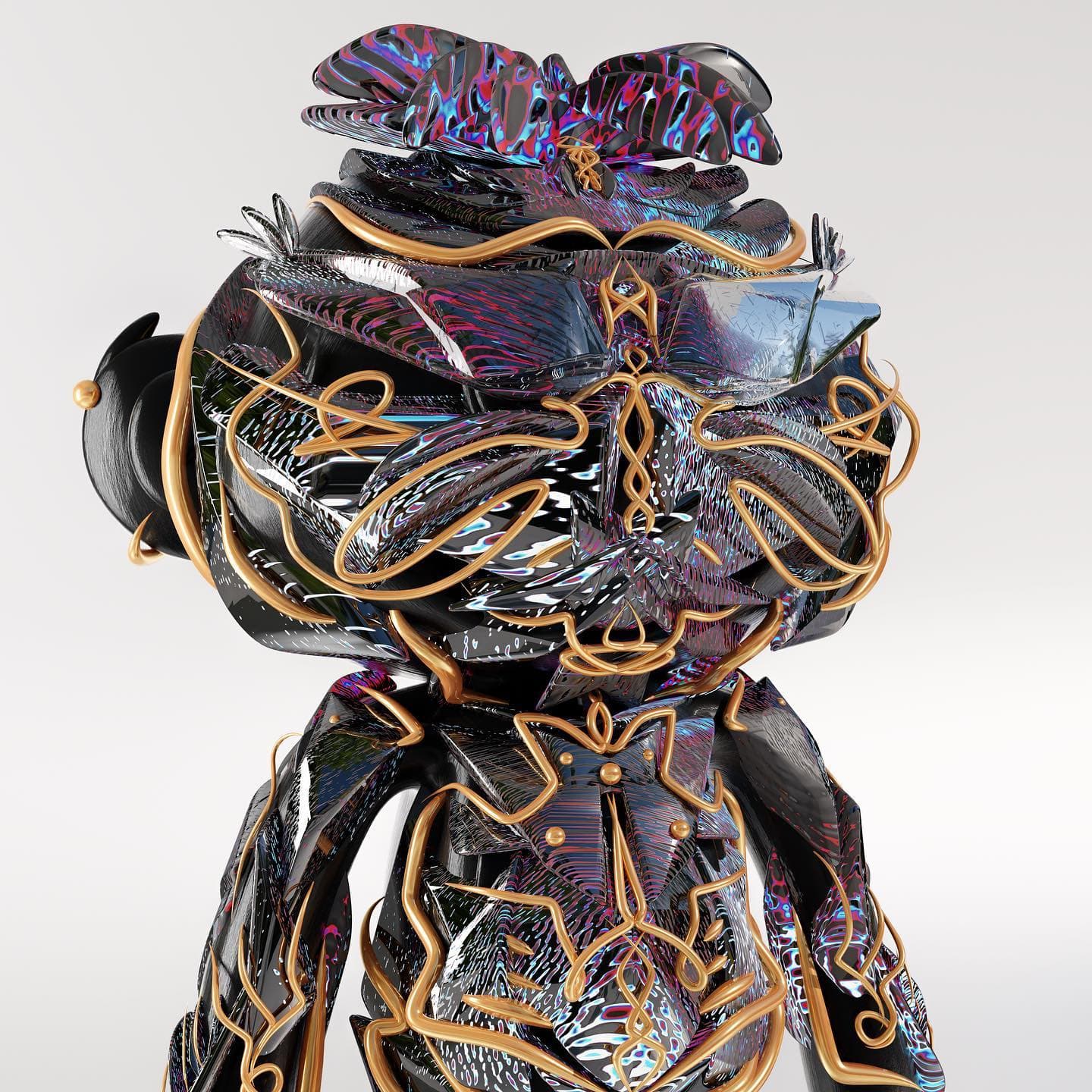 Iridescent black-and-purple faceted monkey figure wrapped in loose gold wire, on a pale grey ground