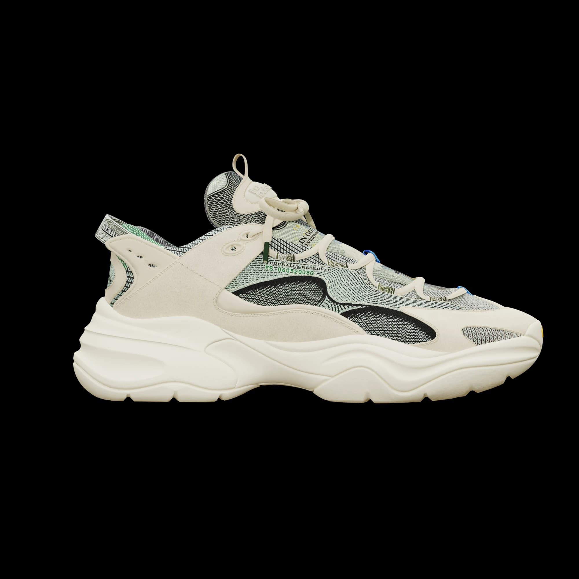 Side view of a cream sneaker whose mesh panels are printed with engraved banknote linework and small green serial text.