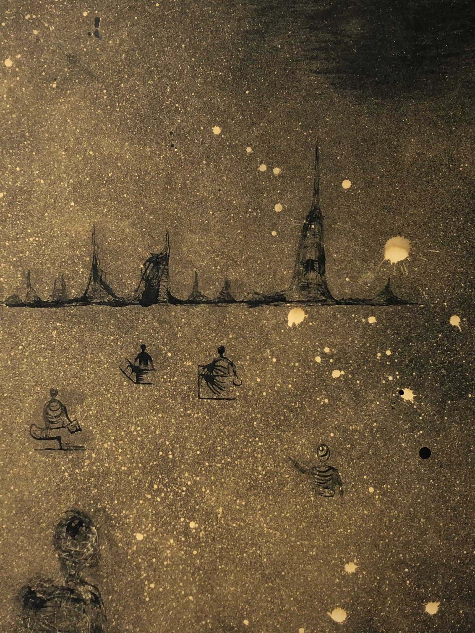 The whole sheet: a low dark horizon of spires and masts, a darkening sky above with pale flecks falling through it, and the seated figures below