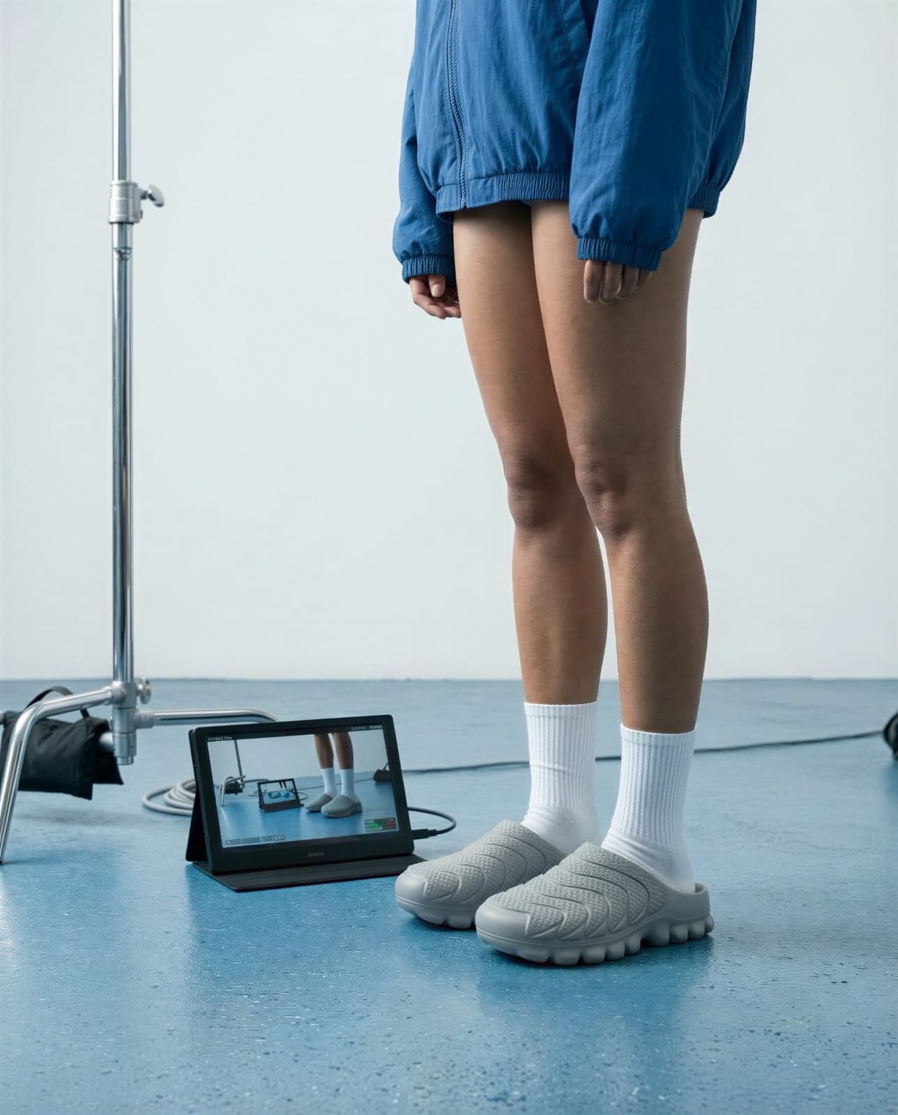 The mules being worn, photographed against the blue set with the design open on a tablet