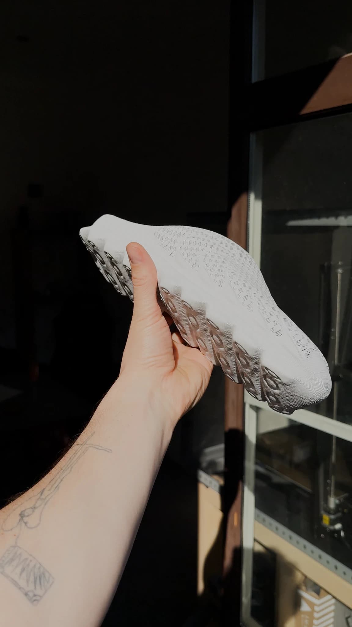 The shoe held up with the perforated upper facing the window, the light coming straight through the mesh