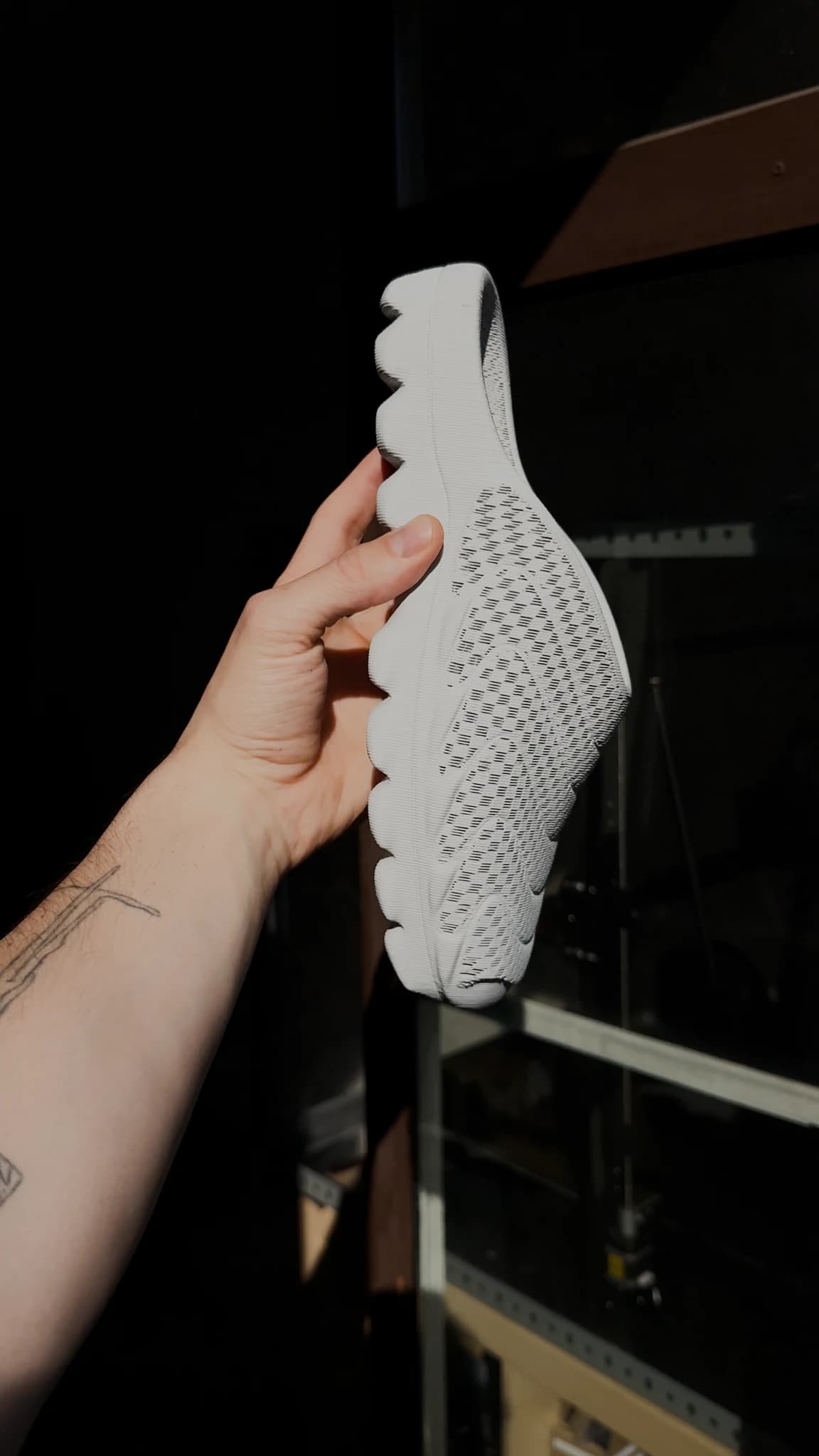 The shoe held in profile against a window, the ridge lines of the upper reading as one continuous curve