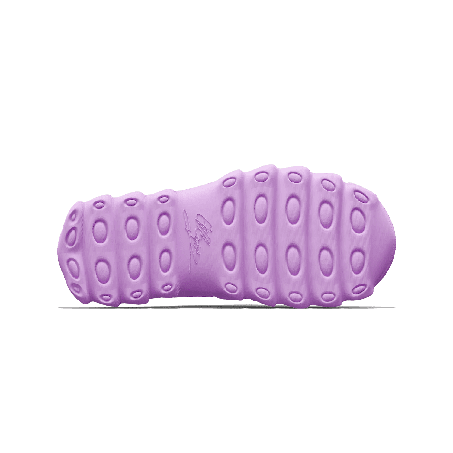 The lugged outsole of VIZE in lilac with the moulded signature