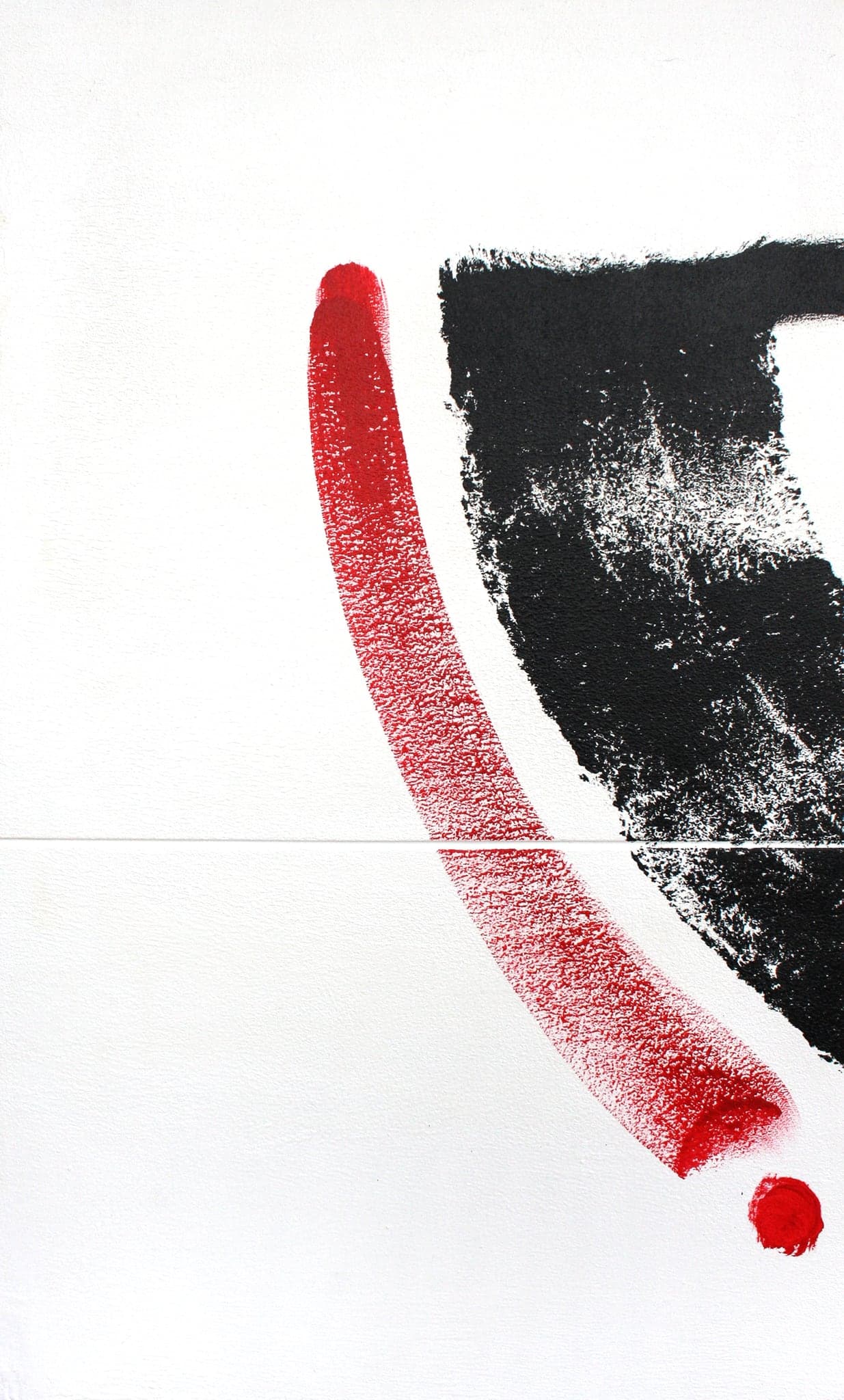 Close view of the red arc, dry-brushed and grainy, ending in a small red blob where the brush left the surface