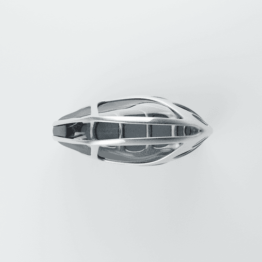 ZAH bag from above, the cage closing to a pointed almond